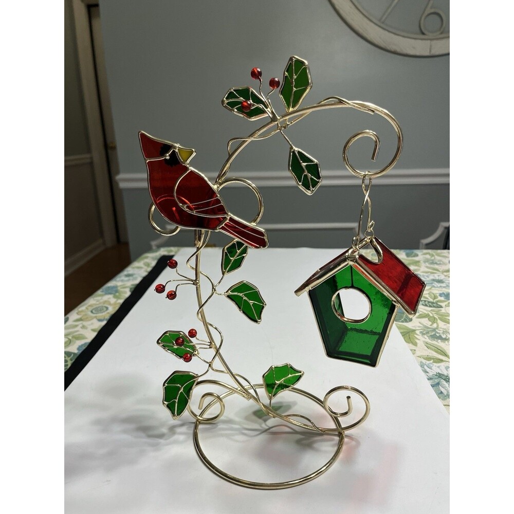 Stained Glass Red Cardinal Holly Leaves Birdhouse Candle Holder 12.5” Tall